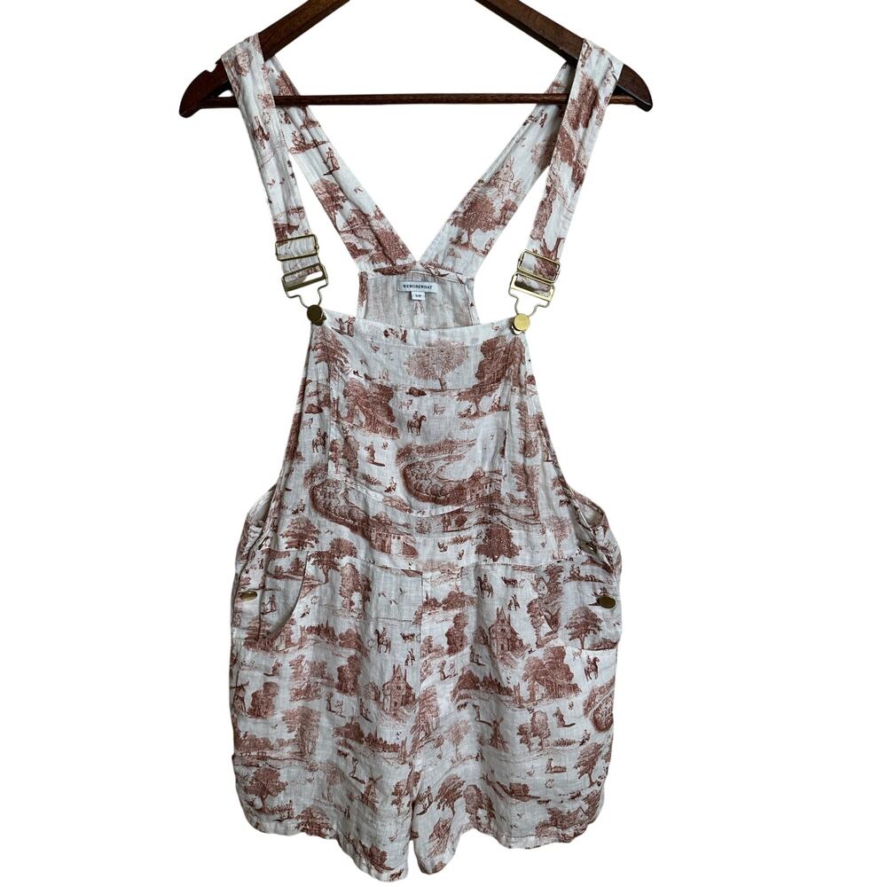 WeWoreWhat Linen Overalls in  Vintage Toile Terracotta Womans Small